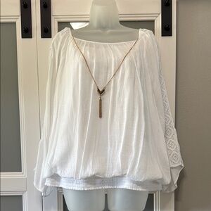 JM Collection White Blouse with necklace and Long Sleeves